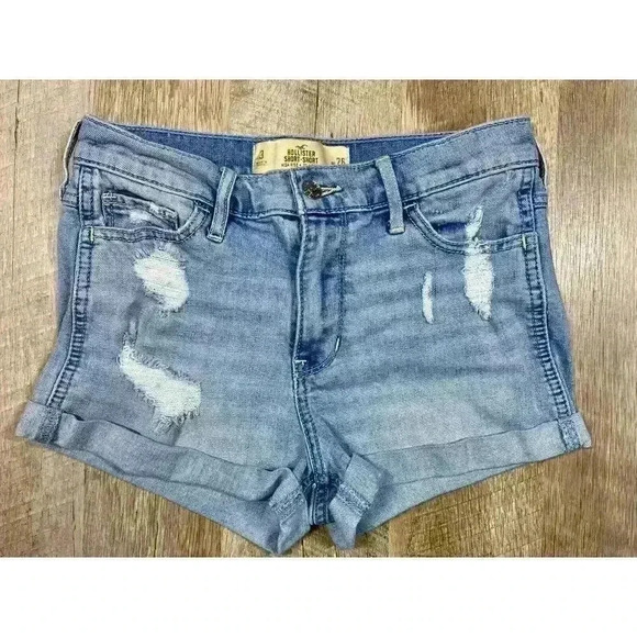 Hollister Denim Jean High Rise Distressed Cuffed Short Shorts Size 3 w26 VGUC - Picture 2 of 8